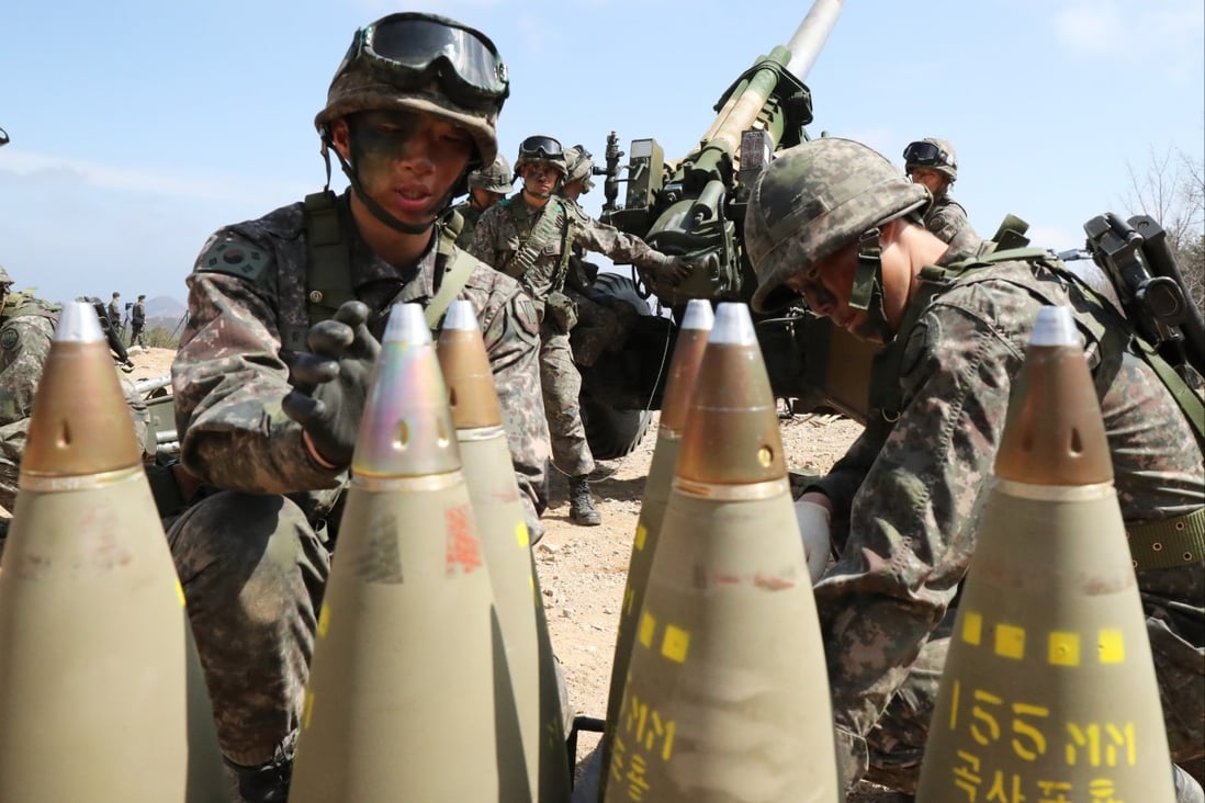 South Korean soldiers arrange 155mm howitzer shells during a military exercise in Goseong in April 2016. Photo: Newsis via AP