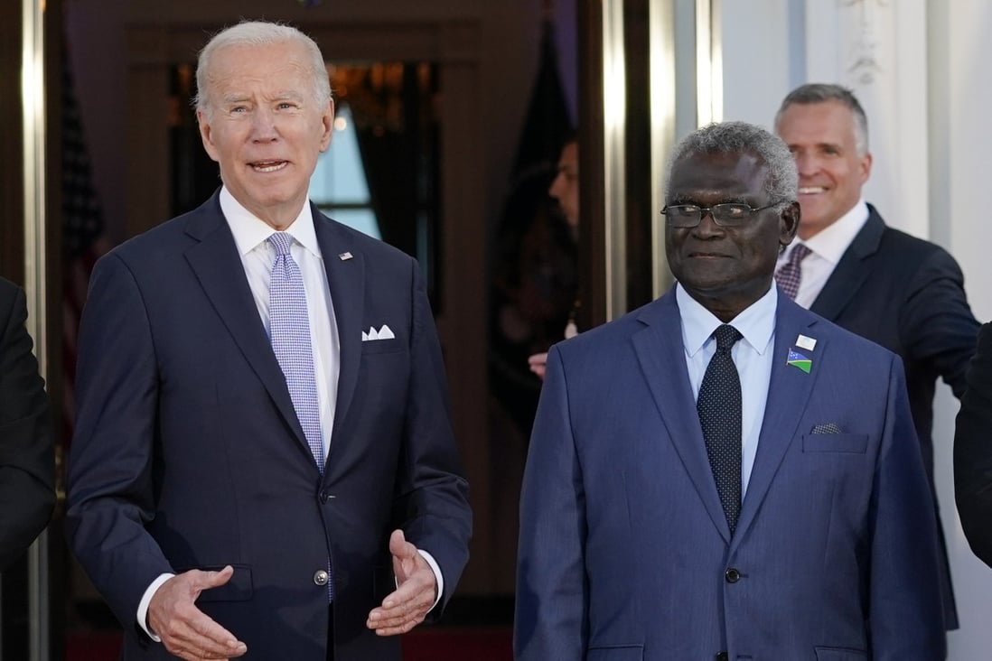 US President Joe Biden poses for photos with Pacific Island leaders, including Solomon Islands Prime Minister Manasseh Sogavare (right) at the White House in September 2022. Photo: AP