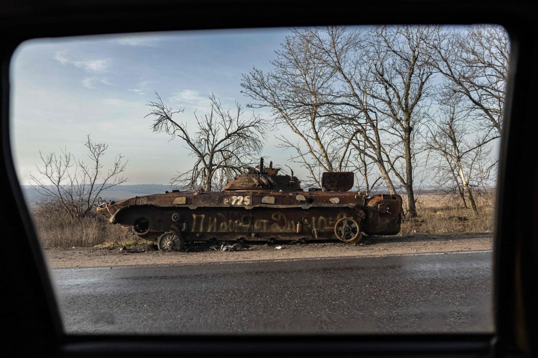 A destroyed Russian BMP infantry fighting vehicle in the Donetsk region, eastern Ukraine. Photo: AFP