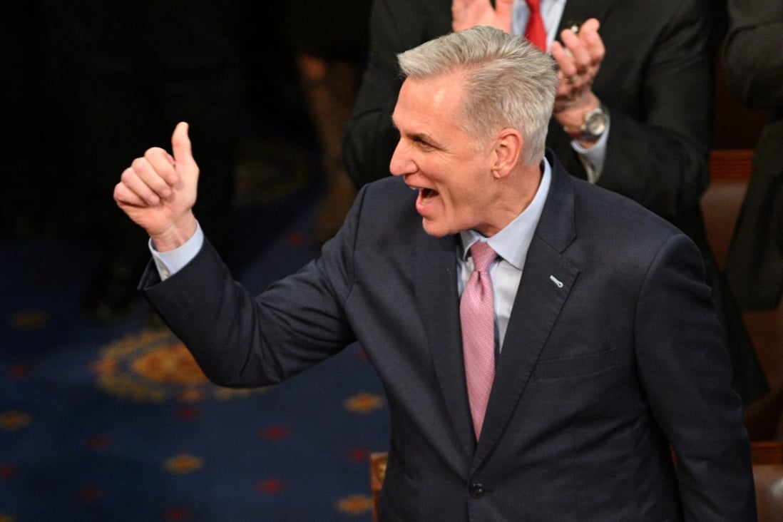 Kevin McCarthy celebrates being elected the speaker of the US House of Representatives in Washington on January 7. Photo: Reuters