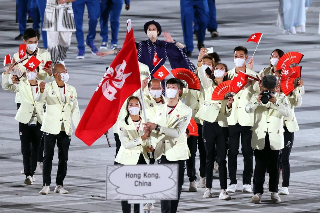 The Hong Kong, China delegation enters the Olympic Stadium in Tokyo during the 2020 Olympic Games opening ceremony. Photo: EPA-EFE 