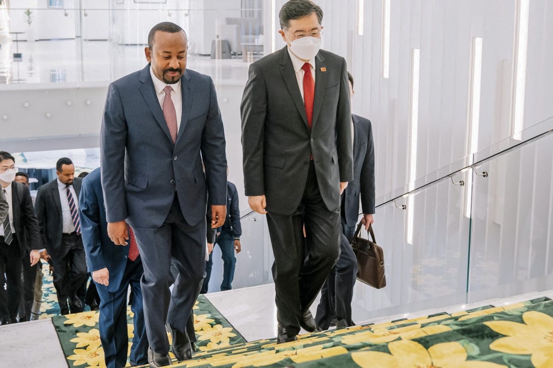Ethiopian Prime Minister Abiy Ahmed and Chinese Foreign Minister Qin Gang meet for talks in Addis Ababa on Tuesday. Photo: AFP/Ethiopian Prime Minister’s Office