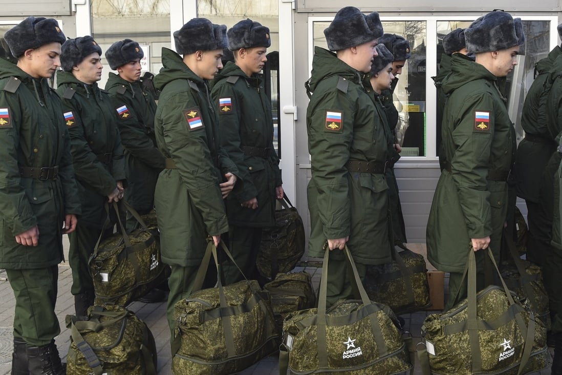 Russian conscripts pictured at a railway station in Sevastopol before leaving to serve in the war in November. Photo: EPA-EFE/File