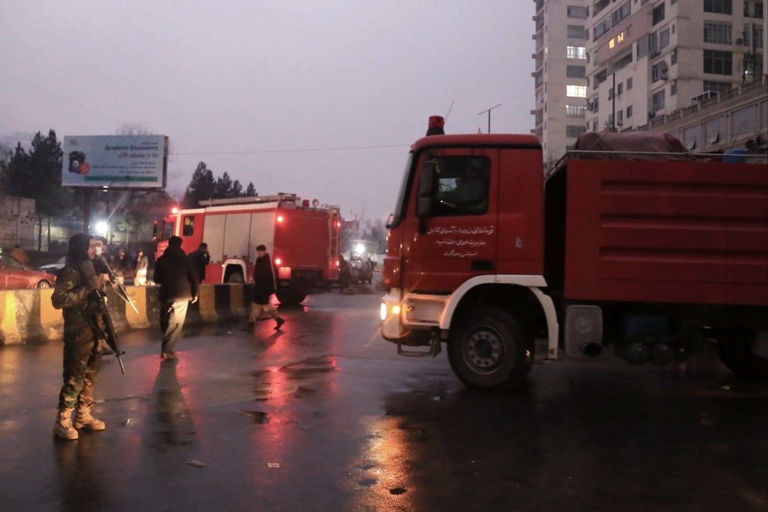 A fire truck is seen at the scene of a bomb blast outside the Afghan foreign ministry in Kabul on Wednesday. Photo: EPA-EFE