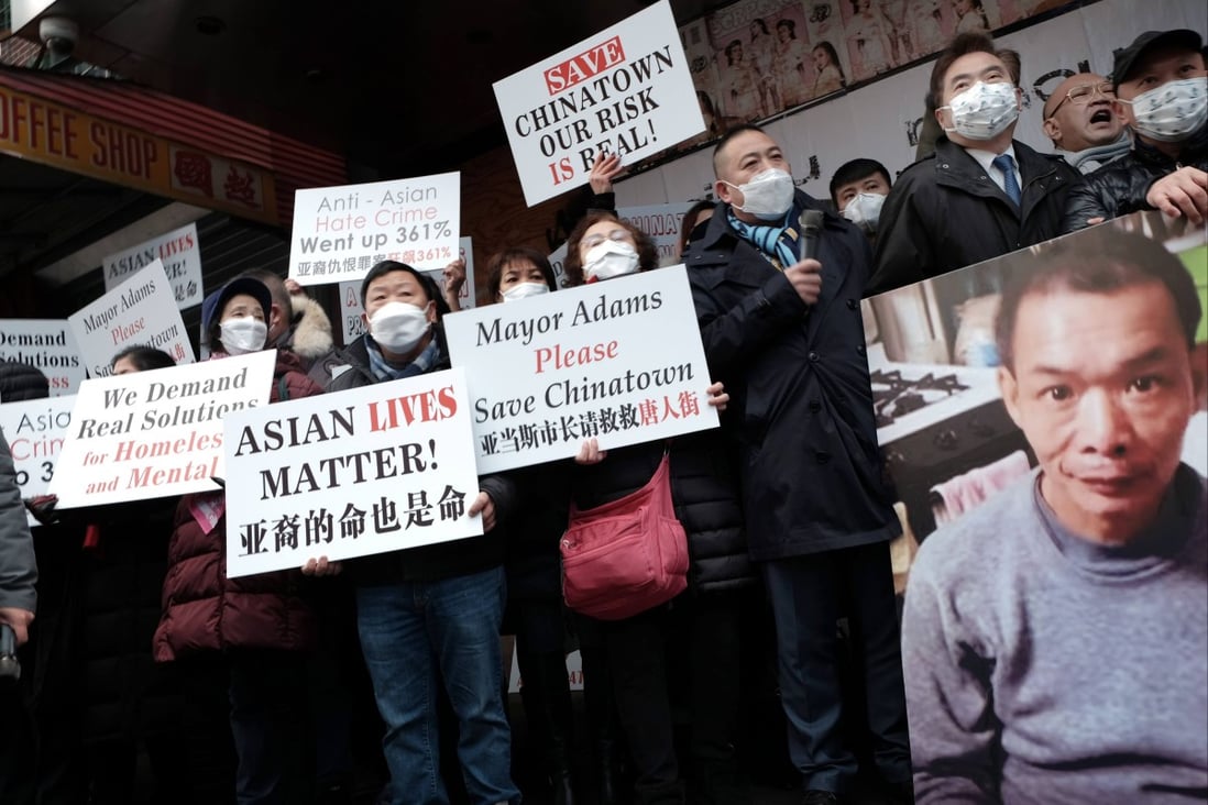 Residents join community and business leaders for a rally in New York’s Chinatown in January 2022 to denounce recent acts of violence against Asian-Americans, including the attacks on Michelle Go and Yao Pan Ma. Photo: AFP
