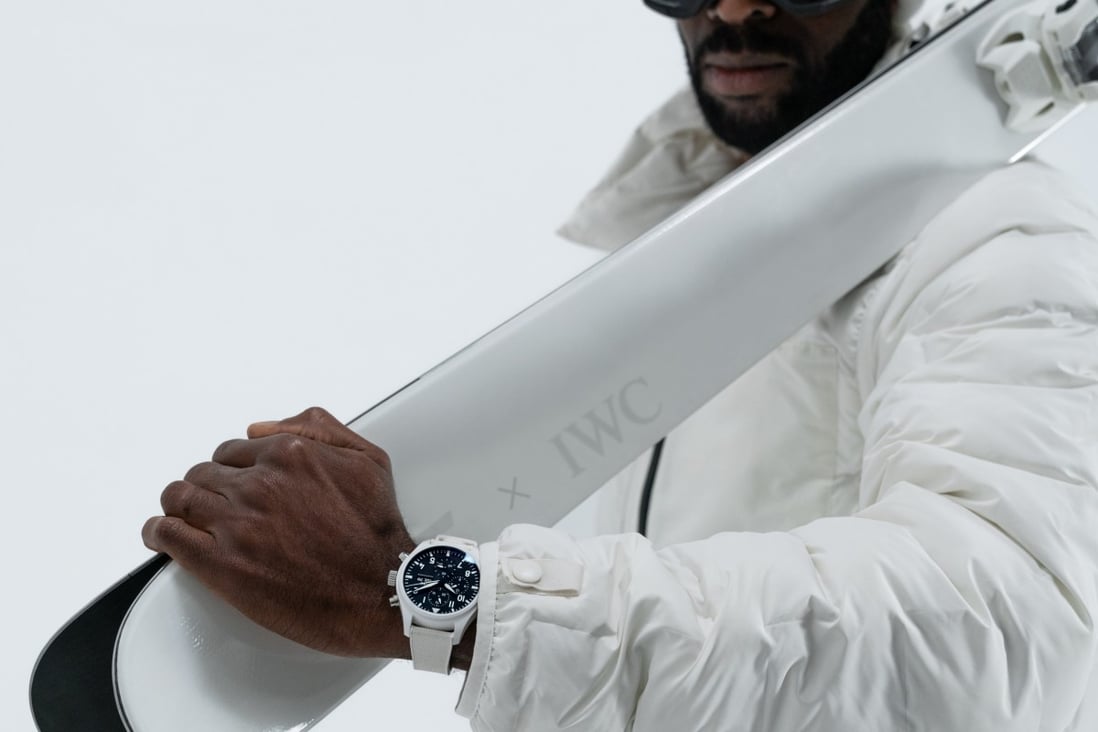 Look stylish on the slopes with IWC Schaffhausen and The Faction Collective’s luminescent skis and Pilot’s Watch. Photo: Handout