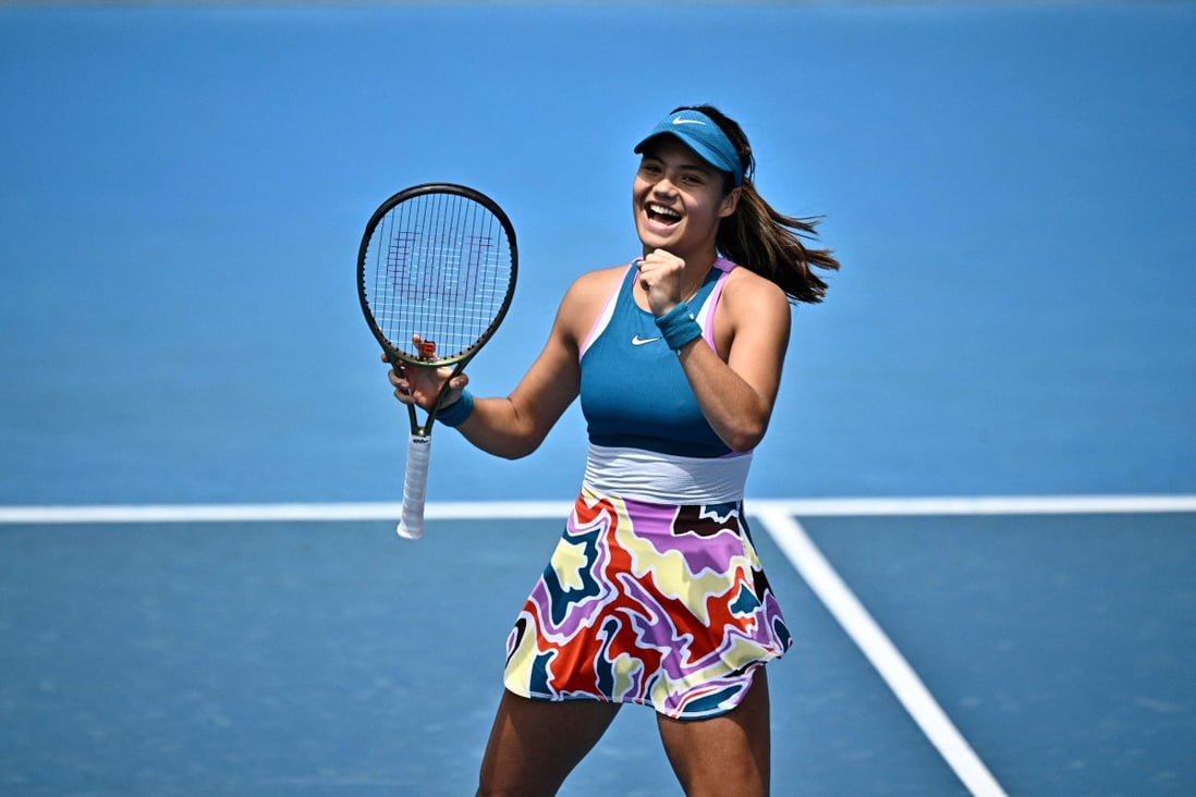 Britain’s Emma Raducanu celebrates beating Germany’s Tamara Korpatsch on day one of the Australian Open. Photo: AFP