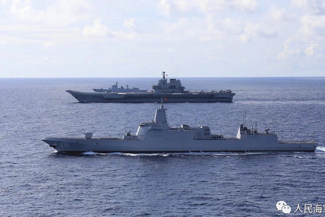 The Shandong, China’s first homegrown aircraft carrier, and a Type 055 guided-missile destroyer take part in drills in the South China Sea. Photo: WeChat