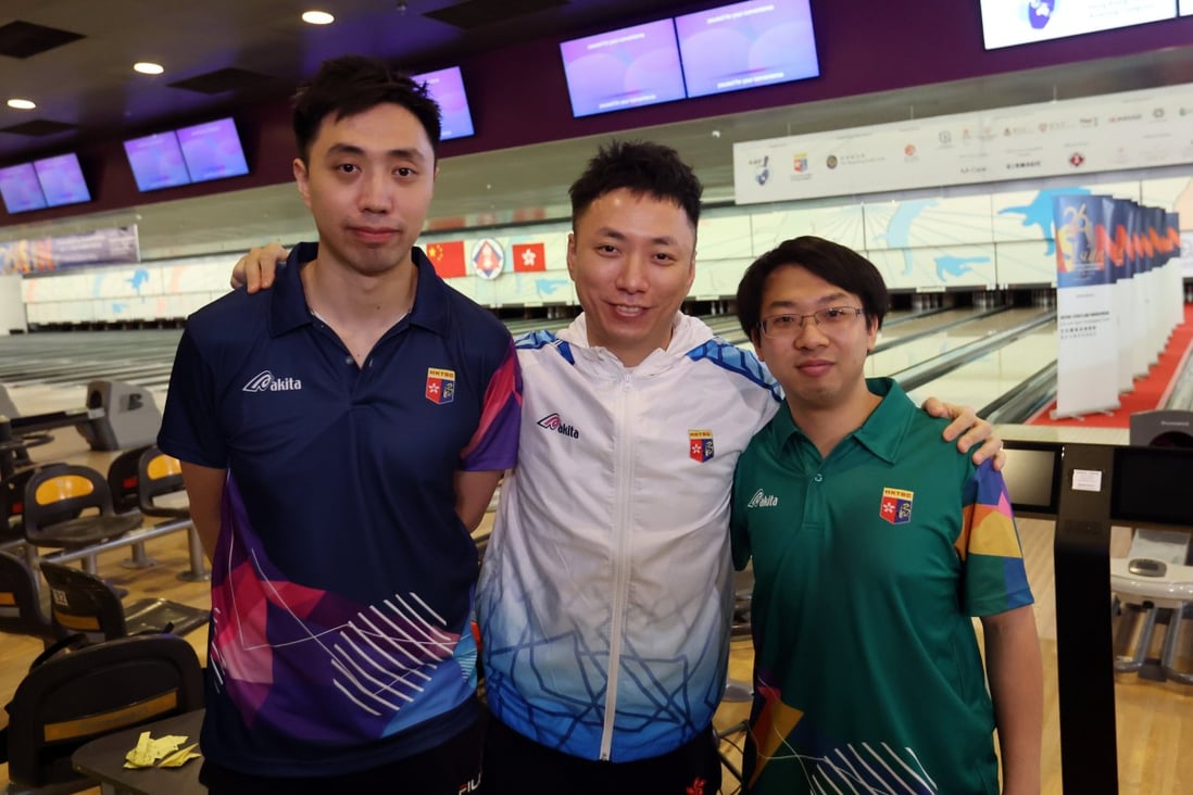 Hong Kong bowlers (from left to right)  Michael Mak Cheuk-yin, Wu Siu-hong and Tony Wong Kwan-yuen during the Asian Tenpin Bowling Championships at South China Athletic Association. Photos: Edmond So