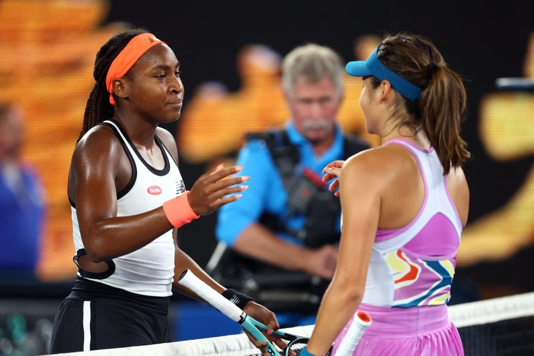 Coco Gauff consoles Emma Raducanu at the net after winning their second round match at the Australian Open. Photo: Reuters
