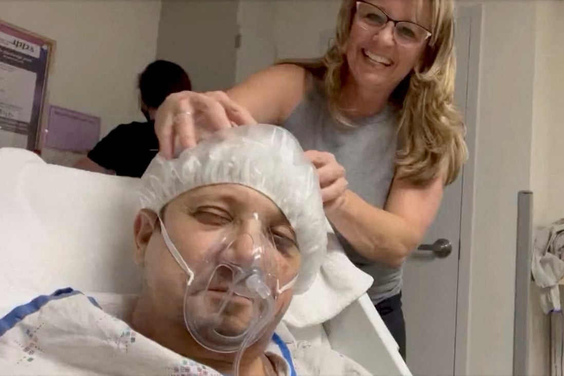 Actor Jeremy Renner gets his head massaged during hospital stay at an unknown location in footage obtained from social media on January 5. Photo: Jeremy Renner/Twitter via Reuters 