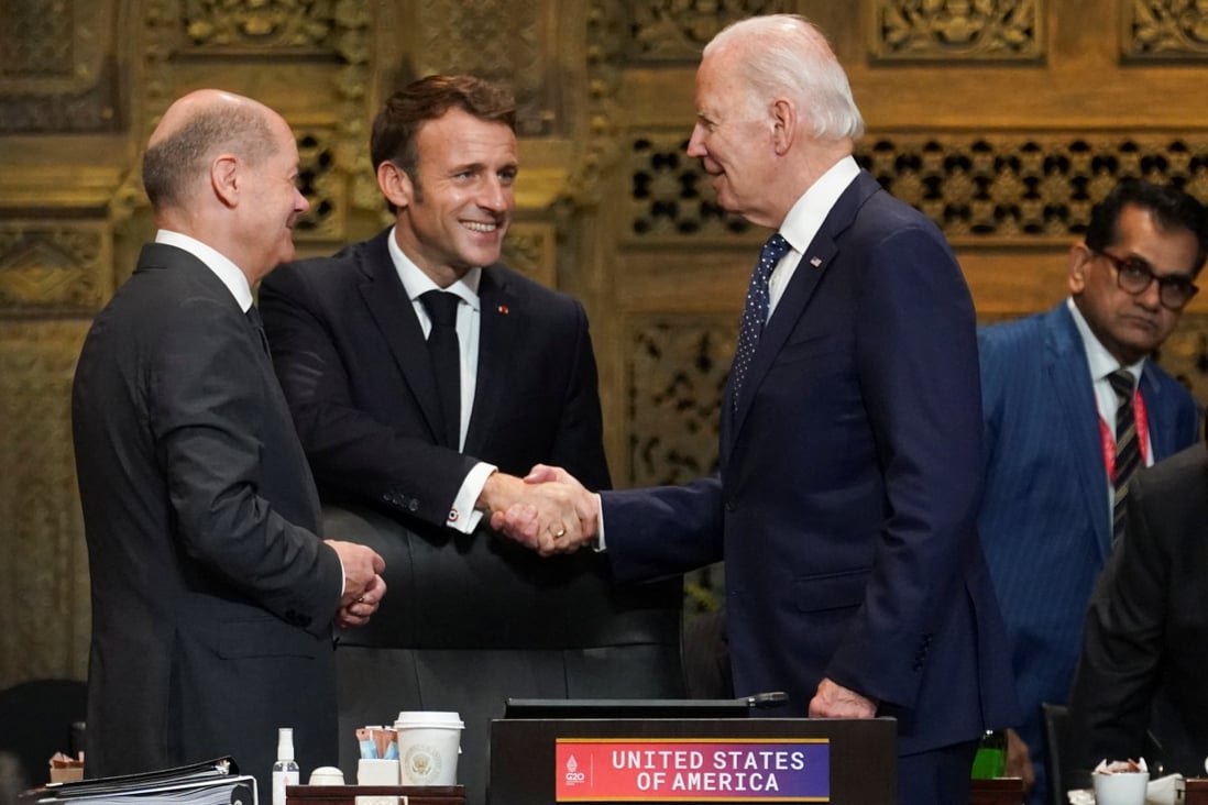 German Chancellor Olaf Scholz (left) and French President Emmanuel Macron (centre) greet US President Joe Biden during the first working session of the Group of 20 leaders’ summit in Bali, Indonesia, on November 15. Macron has been a proponent of greater European strategic independence from the United States. Photo: Reuters