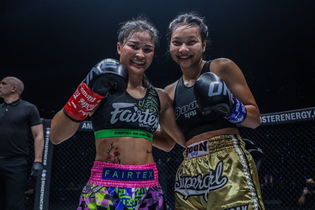 Stamp Fairtex and Supergirl pose together after their clash at ONE Fight Night 6. Photos: ONE Championship