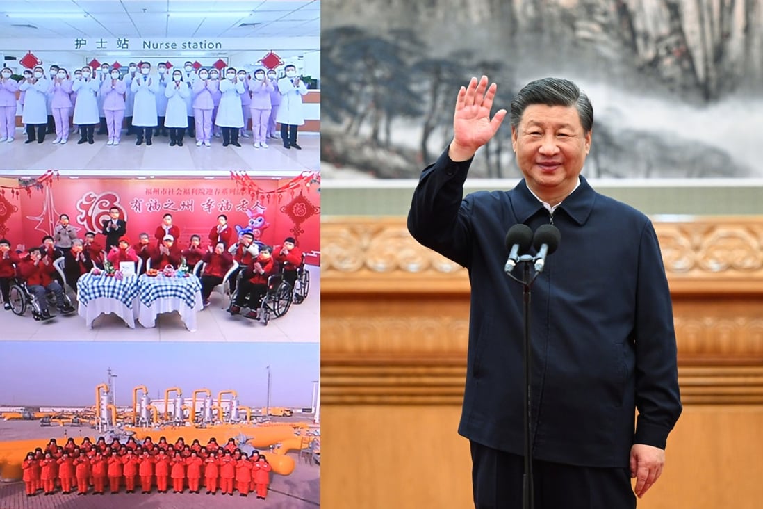 Chinese President Xi Jinping extending Lunar New Year greetings via video link from Beijing on Wednesday. Photo collage: Xinhua 