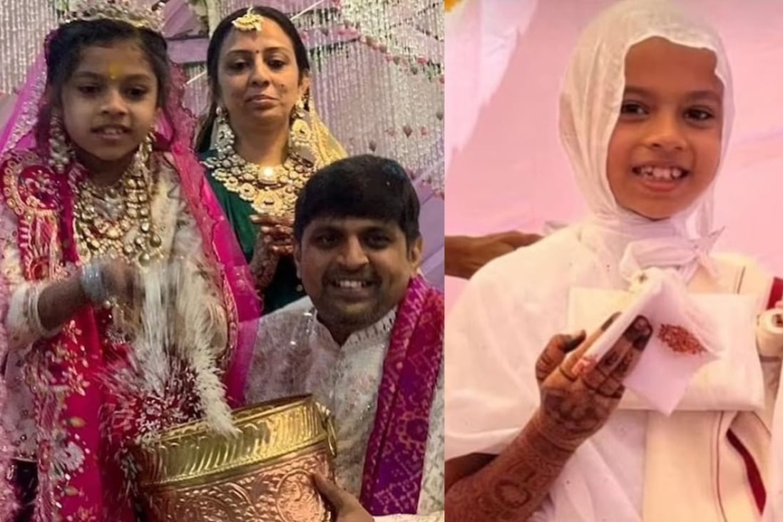 Devanshi Sanghvi (pictured left with her parents, and right), 8, has given up all her material possessions – and her heirship to the US$61 million Sanghvi and Sons jewellery business in Surat, India – to become a nun in the Jain religion. Photos: Handout