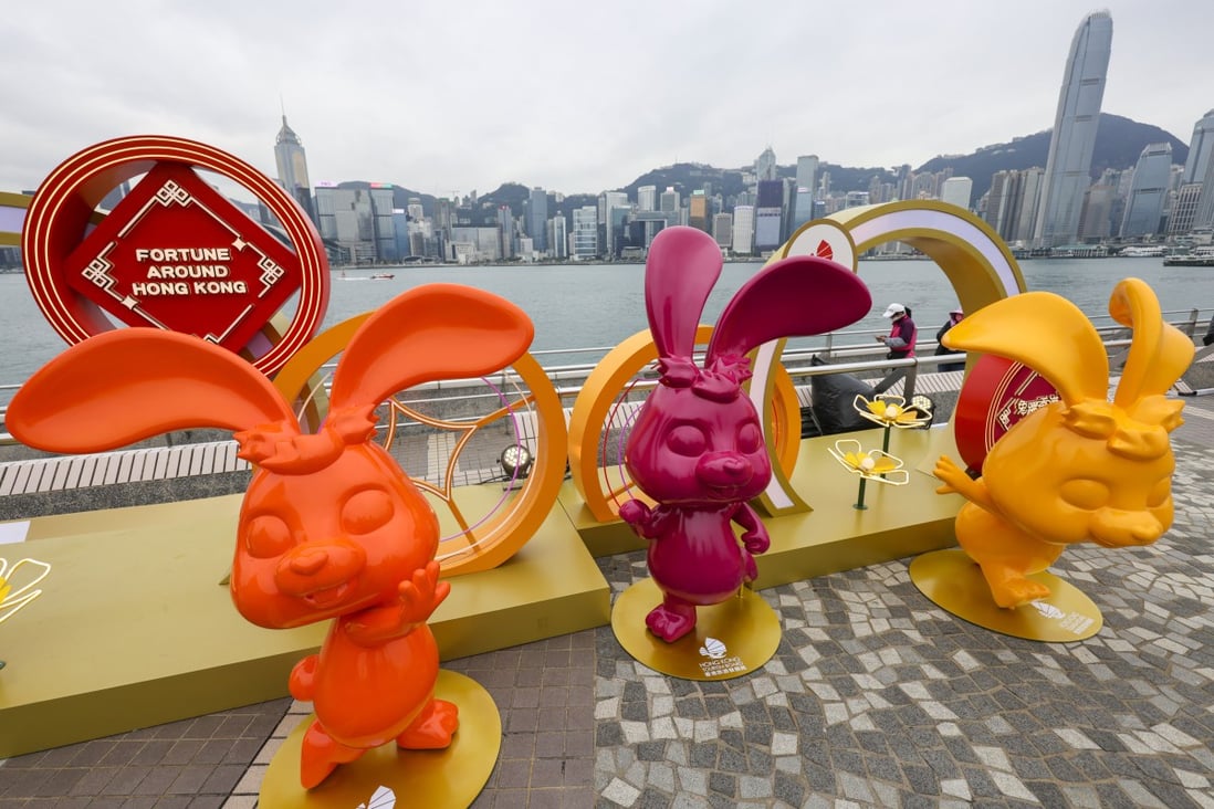 Lunar New Year decorations to celebrate the Year of the Rabbit are displayed at Tsim Sha Tsui promenade in Hong Kong. Photo: May Tse
