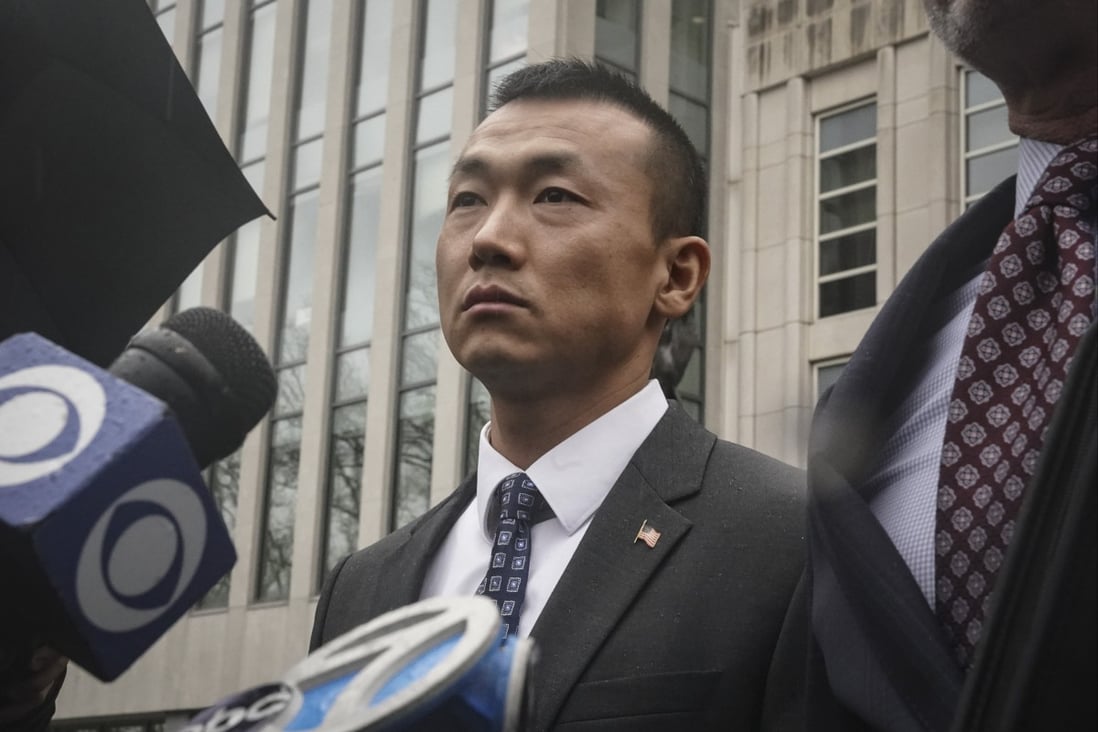 Officer Baimadajie Angwang of the New York City Police Department speaks outside Brooklyn Federal Court on Thursday after a judge dismissed spying charges against him. Photo: AP