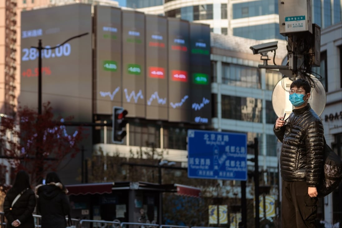 A large screen shows stock exchange data in Shanghai. Hong Kong stocks now trading at an average 34 per cent discount to their yuan-traded counterparts, the smallest difference since April 2021. photo: EPA-EFE