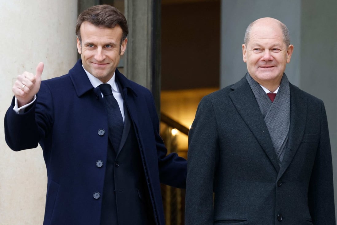 France’s President Emmanuel Macron (left) and German Chancellor Olaf Scholz at the presidential Elysee Palace in Paris on Sunday. Photo: Pool/AFP