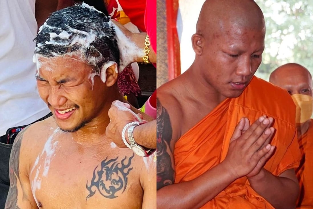 Rodtang Jitmuangnon gets his head shaved (left) before being ordained as a Buddhist monk in Thailand. Photo: Facebook/Rodtang Jitmuangnon
