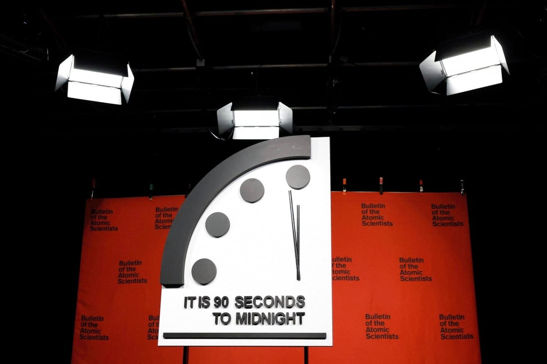 The 2023 Doomsday Clock is displayed in Washington on Tuesday, with its hands at 90 seconds to midnight. Photo: AFP