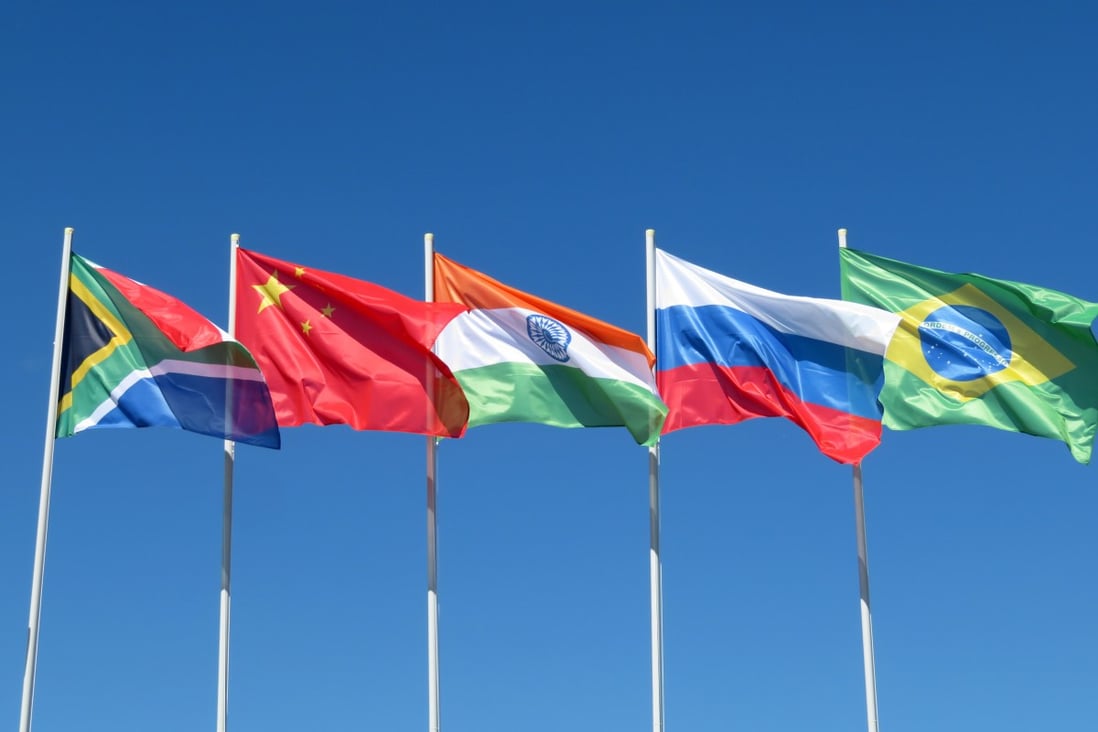 The flags of South Africa, China, India, Russia and Brazil, the five members of BRICS. China, India, Brazil and South Africa are among the nations that have resisted giving up their own interests to punish Russia following the Ukraine war. Photo: Shutterstock

