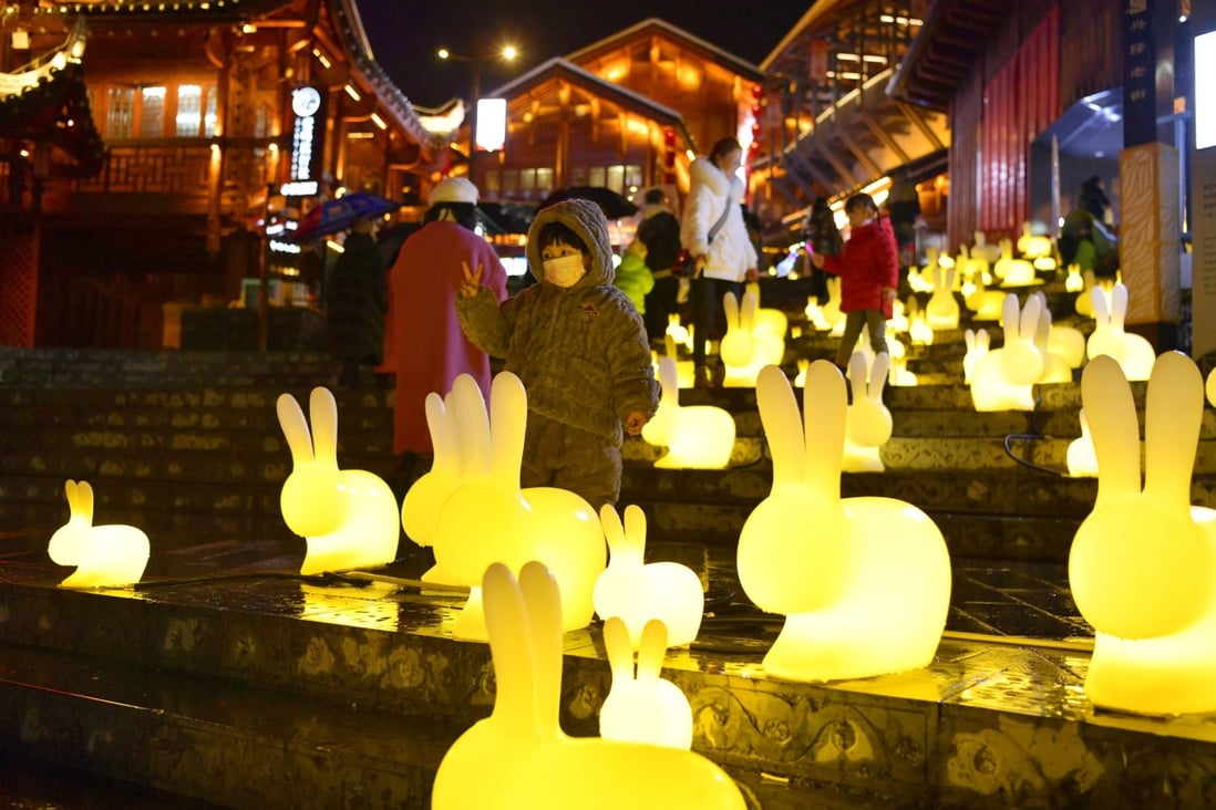 Rabbit-shaped lanterns at Xuan’en county in central China’s Hubei province on display for Lunar New Year. Photo: Xinhua