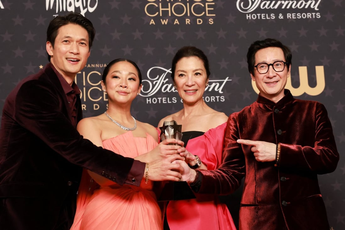 (From left) Harry Shum Jnr, Stephanie Hsu, Michelle Yeoh, and Ke Huy Quan pose with the Best Picture award for Everything Everywhere All at Once at the 28th annual Critics Choice Awards in Los Angeles on January 15. Photo: Reuters