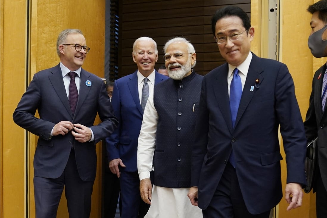 From the left, Australian Prime Minister Anthony Albanese, US President Joe Biden and Indian Prime Minister Narendra Modi are greeted by Japanese Prime Minister Fumio Kishida as they arrive for the Quad leaders’ summit at Kantei Palace in Tokyo on May 24, 2022. Photo: AP