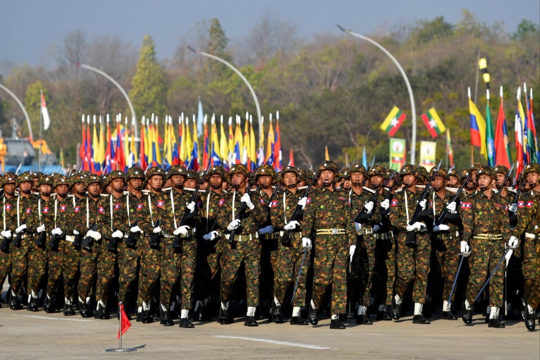 Members of the Myanmar military march during a parade to mark the country’s Independence Day in Naypyidaw on January 4, 2023. Photo: AFP
