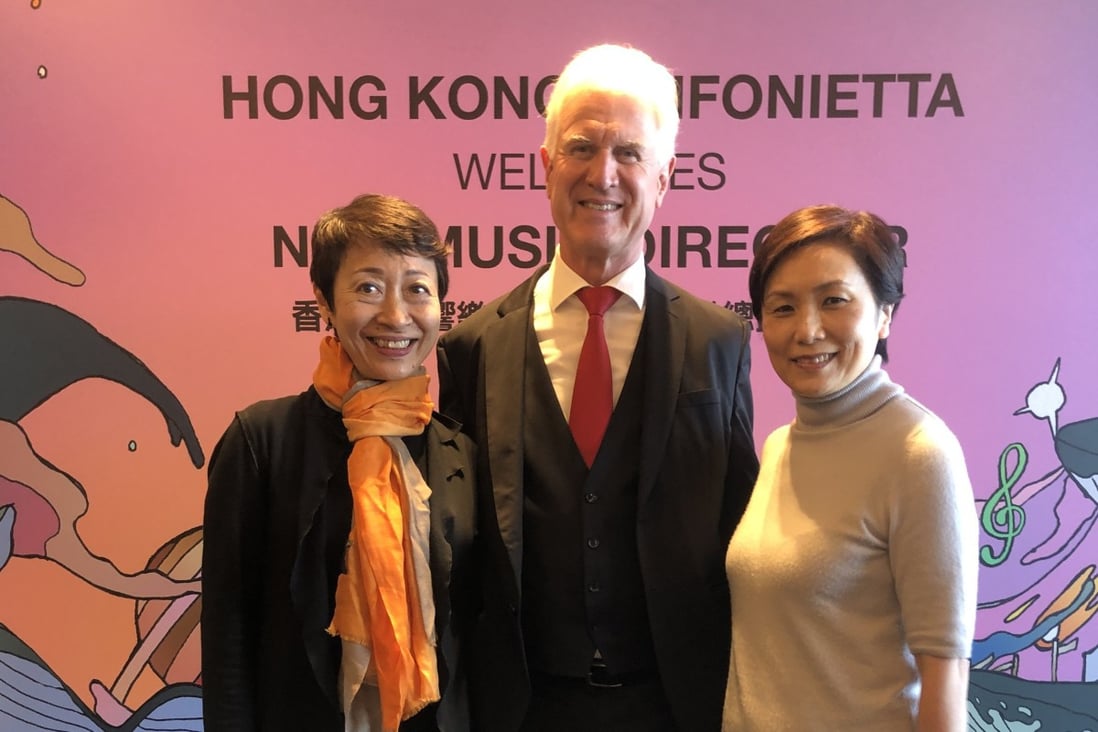 Margaret Yang (left), chief executive of the Hong Kong Sinfonietta, Christoph Poppen, music director from the 2023/24 season, and Yip Wing-sie, music director emeritus at the announcement of Poppen’s appointment on February 1. Photo: Enid Tsui