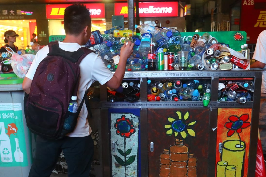 An overflowing recycling bin in Wan Chai in June 2019. Photo: Edmond So