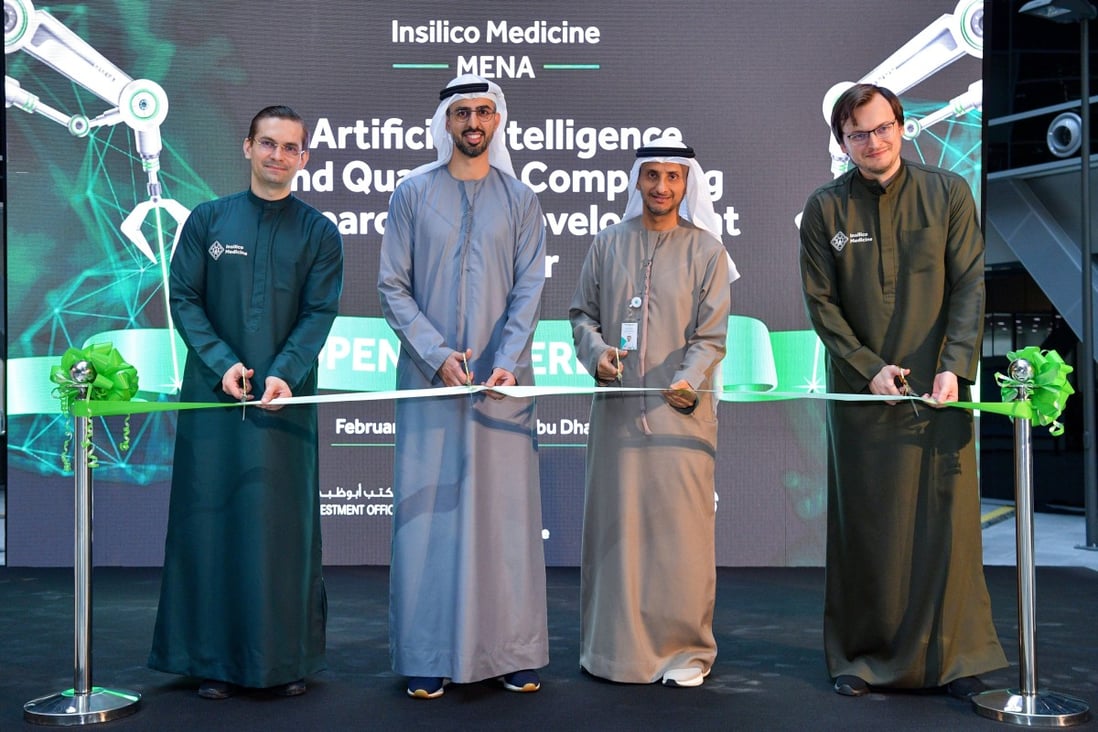 Insilico opened a regional research centre in Abu Dhabi this month. The opening ceremony was attended by Alex Zhavoronkov, Insilico’s co-founder and CEO, Omar Al Olama, the UAE’s Minister of State for Artificial Intelligence, Digital Economy and Remote Work Applications, Ahmed Baghoum, the acting CEO of Masdar City, and Alex Aliper,  Insilico’s co-founder and president. Photo: Handout