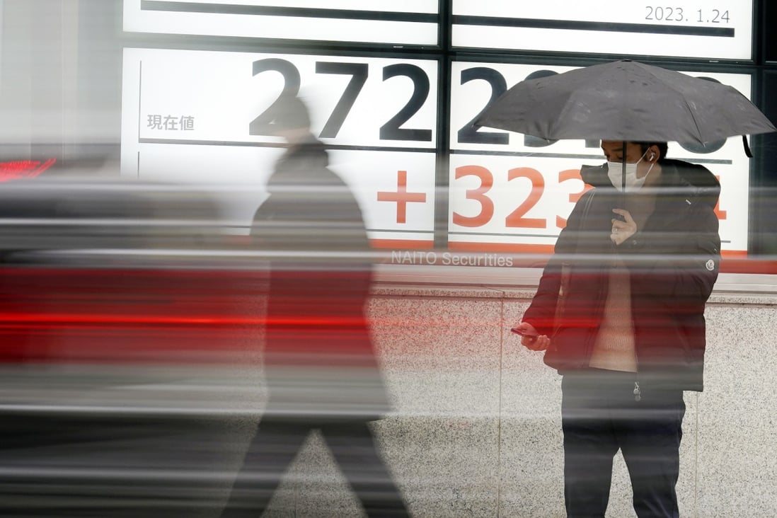 An electronic stock board shows Japan’s Nikkei 225 index at a securities firm on January 24 in Tokyo. In just a few months, the market narrative has shifted from one of rising inflation and collapsing growth to one of declining inflation and improving growth. Photo: AP