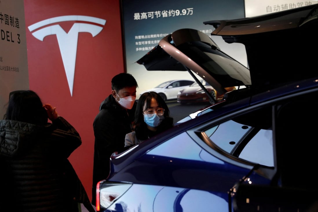A Tesla showroom in Beijing. The US carmaker is the runaway leader in China’s premium EV segment. Photo: Reuters