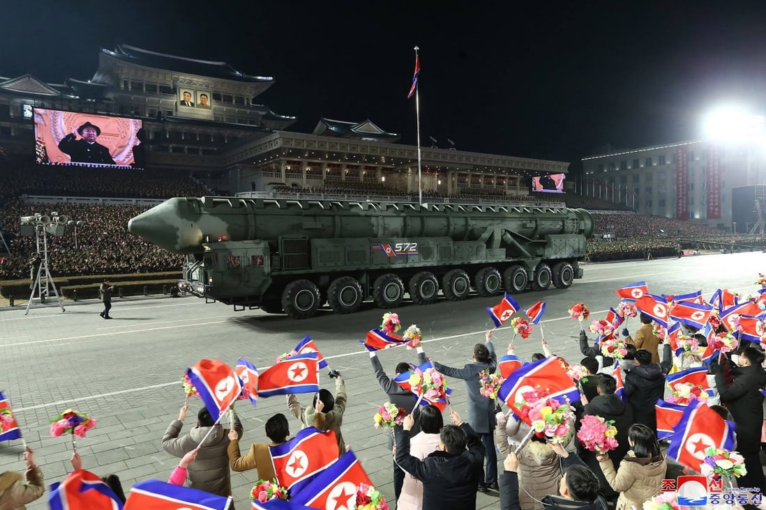 An intercontinental ballistic missile (ICBM) during a military parade celebrating the 75th anniversary of the founding of the Korean People’s Army in Kim Il Sung Square in Pyongyang, North Korea on February 9. Photo: KCNA via KNS / AFP