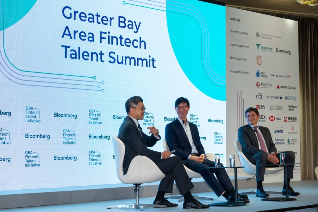 HKEX chief executive Nicolas Aguzin (right), and HSBC Asia-Pacific co-chief executive David Liao (centre) at the Greater Bay Area Fintech Talent Summit in Hong Kong. Photo: SCMP Handout