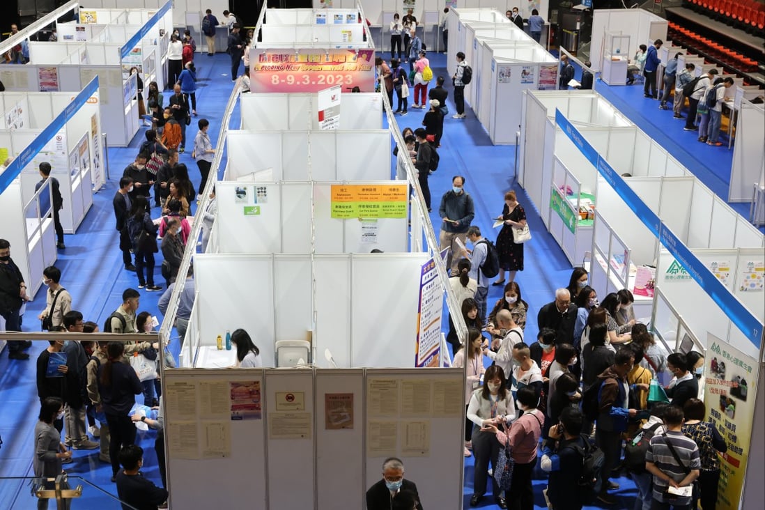 A view of a job fair held by the Labour Department at MacPherson Stadium in Mong Kok on March 8. Photo: May Tse