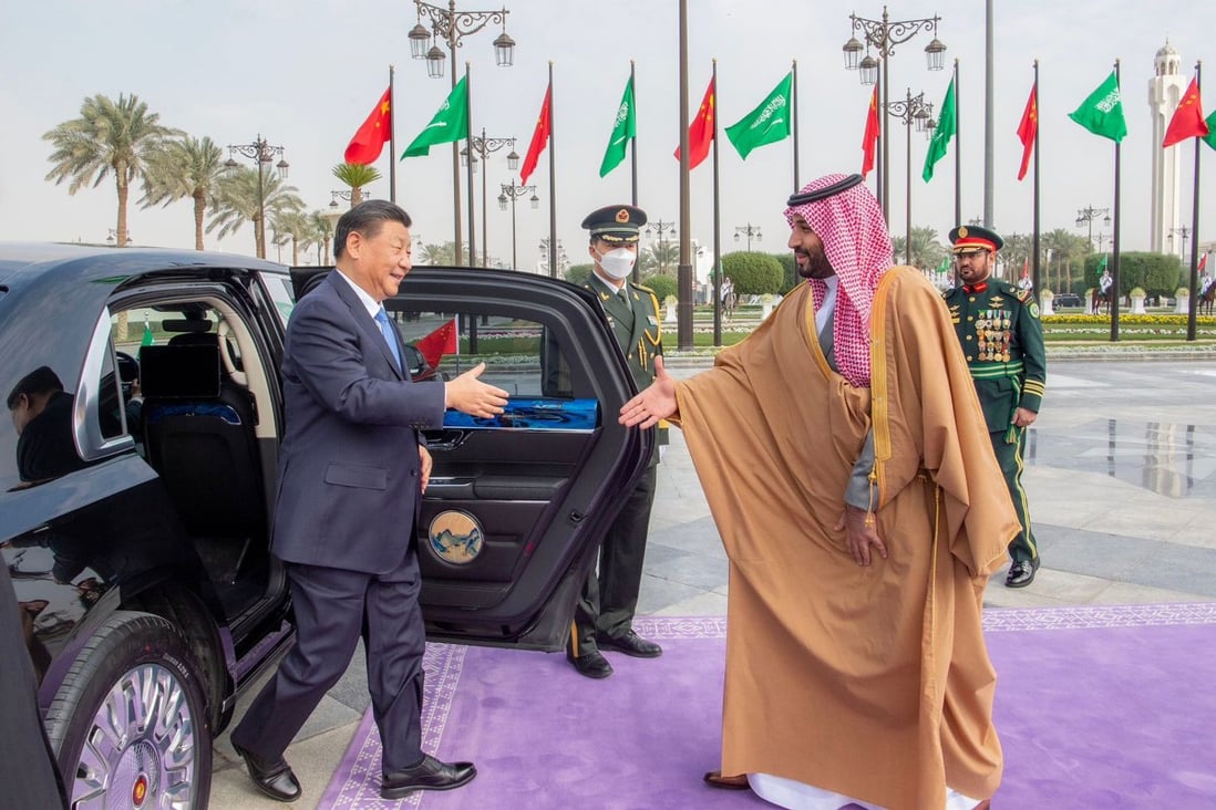 President Xi Jinping is greeted by Saudi Crown Prince Mohammed bin Salman after his arrival in Riyadh on December 8, 2022. China’s recent rise in engagement with the Middle East is part of a larger diplomatic push to portray itself as a force for peace. Photo: Saudi Press Agency via AP