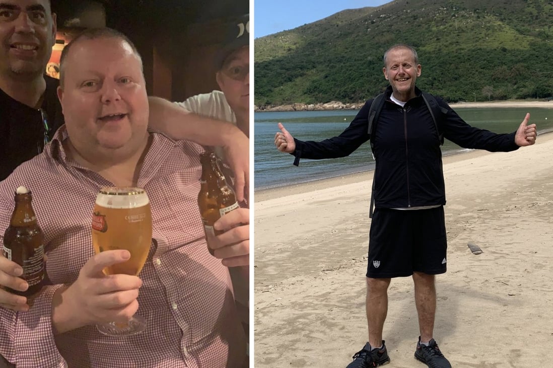 (Left) Ross Bendix at a pub in Wan Chai, Hong Kong, in 2020, and (right) hiking in Lantau in January 2023 after giving up alcohol and losing 60kg. Photo: Ross Bendix
