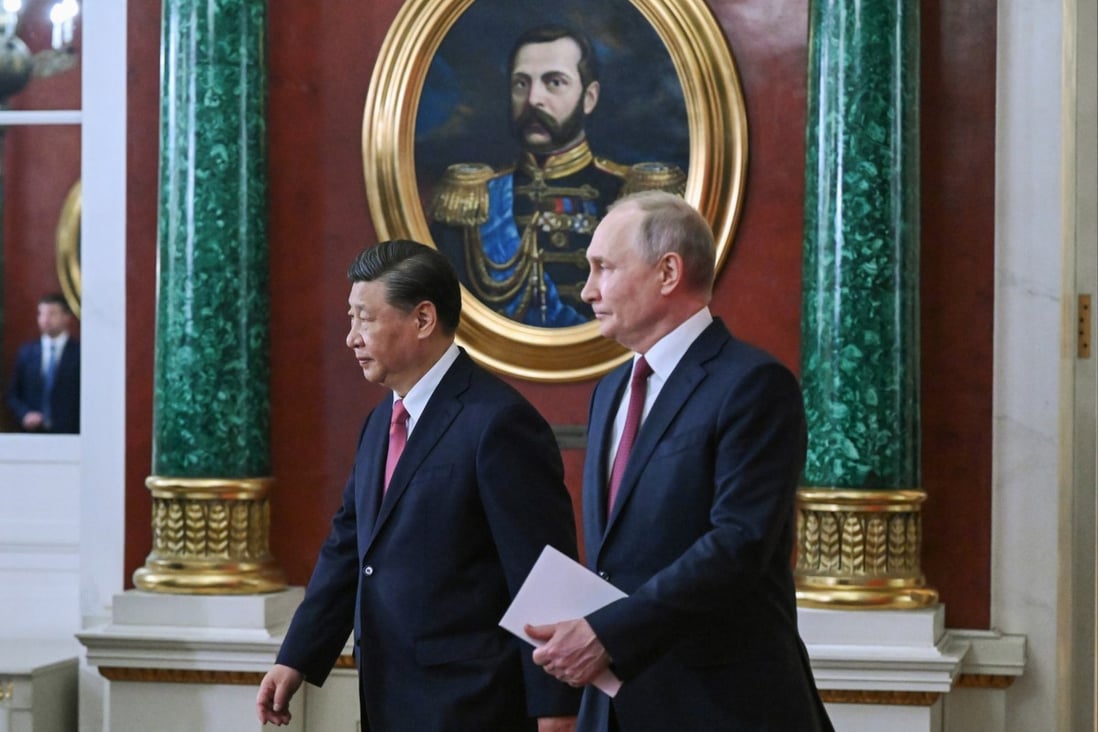 Xi Jinping with Vladimir Putin at the Kremlin on Tuesday. It was the Chinese leader’s first trip to Russia since the invasion of Ukraine. Photo: AP