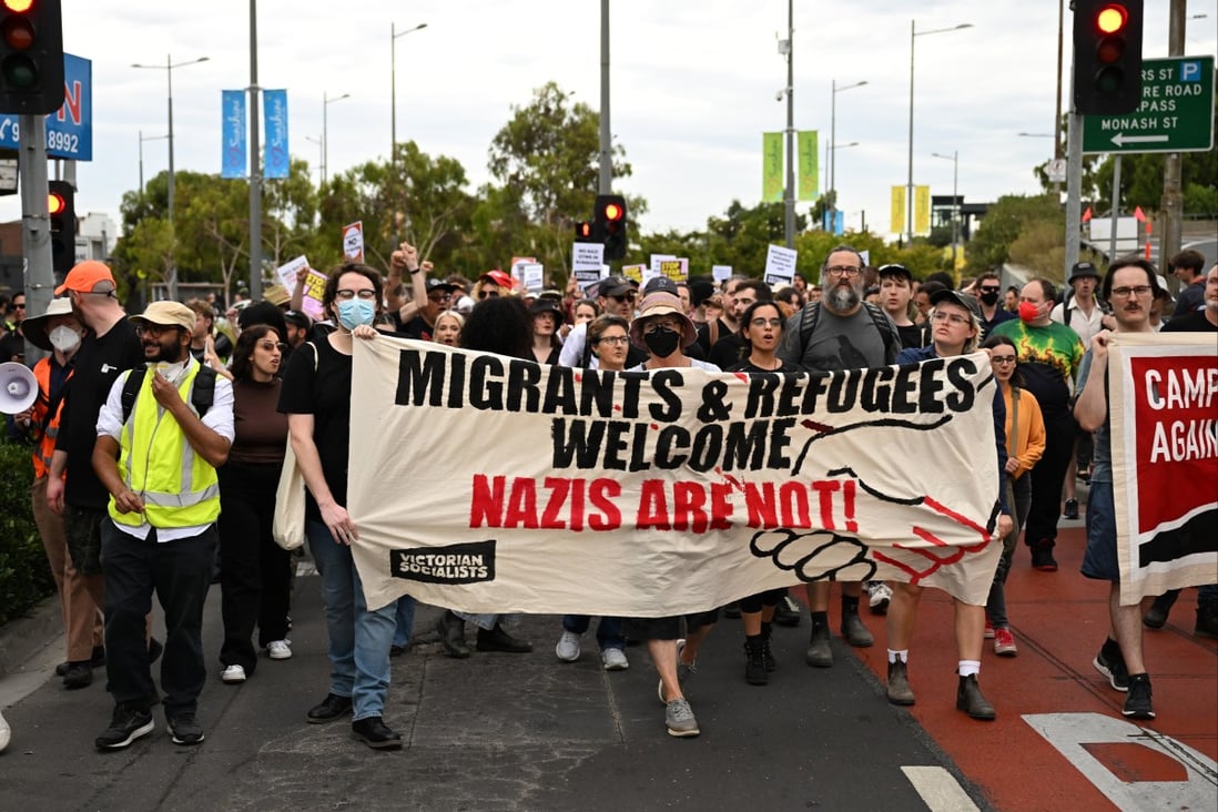 Activists from the Campaign Against Racism and Fascism at a recent protest against neo-Nazis in Melbourne. Photo: AAP/dpa