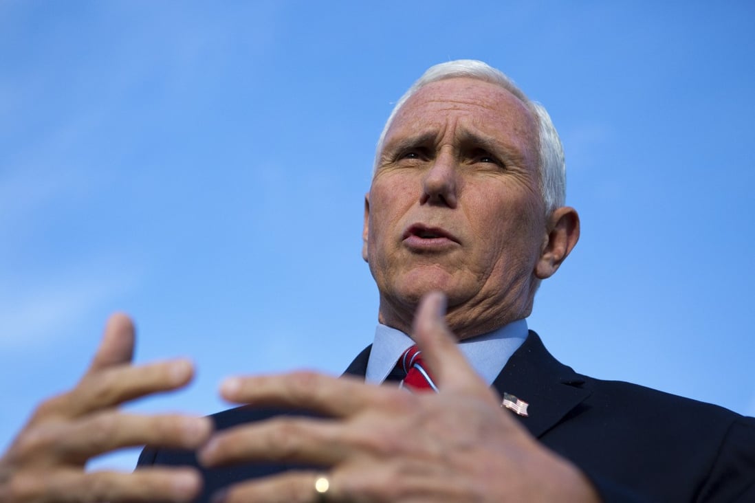 Former US vice-president Mike Pence speaks to reporters before an event at Washington and Lee University in Lexington, Virginia, on March 21. Photo: The Roanoke Times via AP