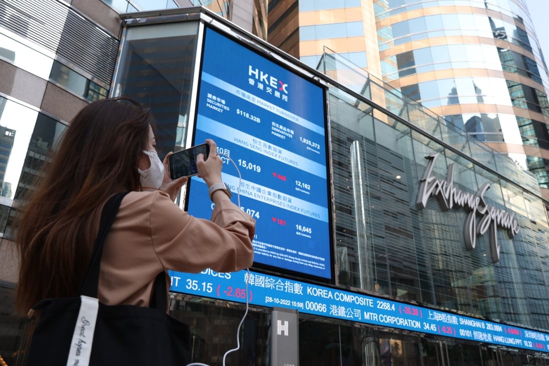 An electronic billboard displays the Hang Seng Index outside HKEX in Hong Kong’s Central district. IPO proceeds in the first quarter dropped 50 per cent year on year in the absence of a blockbuster deal in the city, according to a separate report by KPMG on Wednesday. Photo: Yik Yeung-man