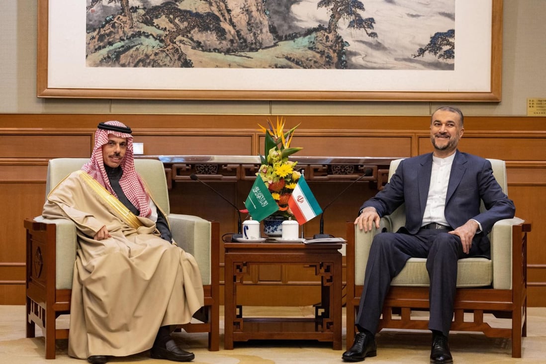 Saudi Foreign Affairs Minister Prince Faisal bin Farhan, left, and Iran’s Foreign Minister Hossein Amir-Abdollahian in Beijing on Thursday. Photo: Saudi Press Agency / AFP