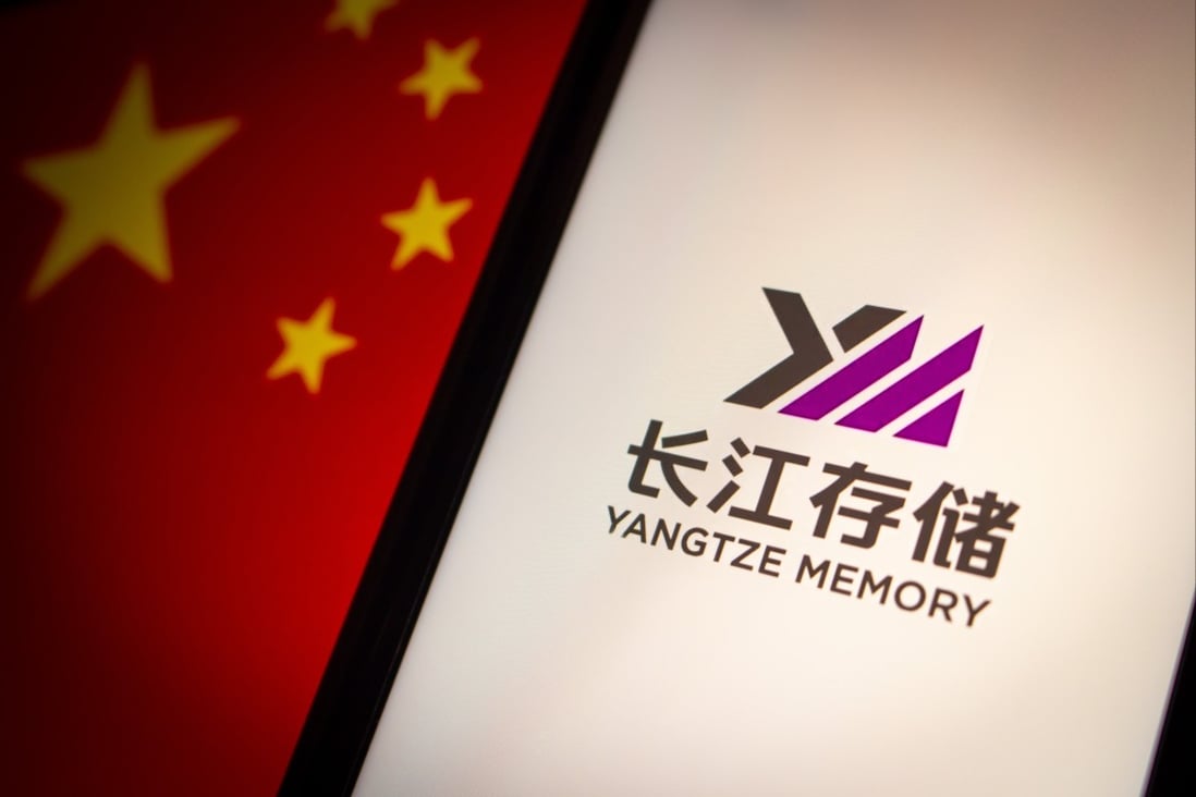 A YMTC logo is seen on a smartphone against a Chinese flag. Photo: Shutterstock 