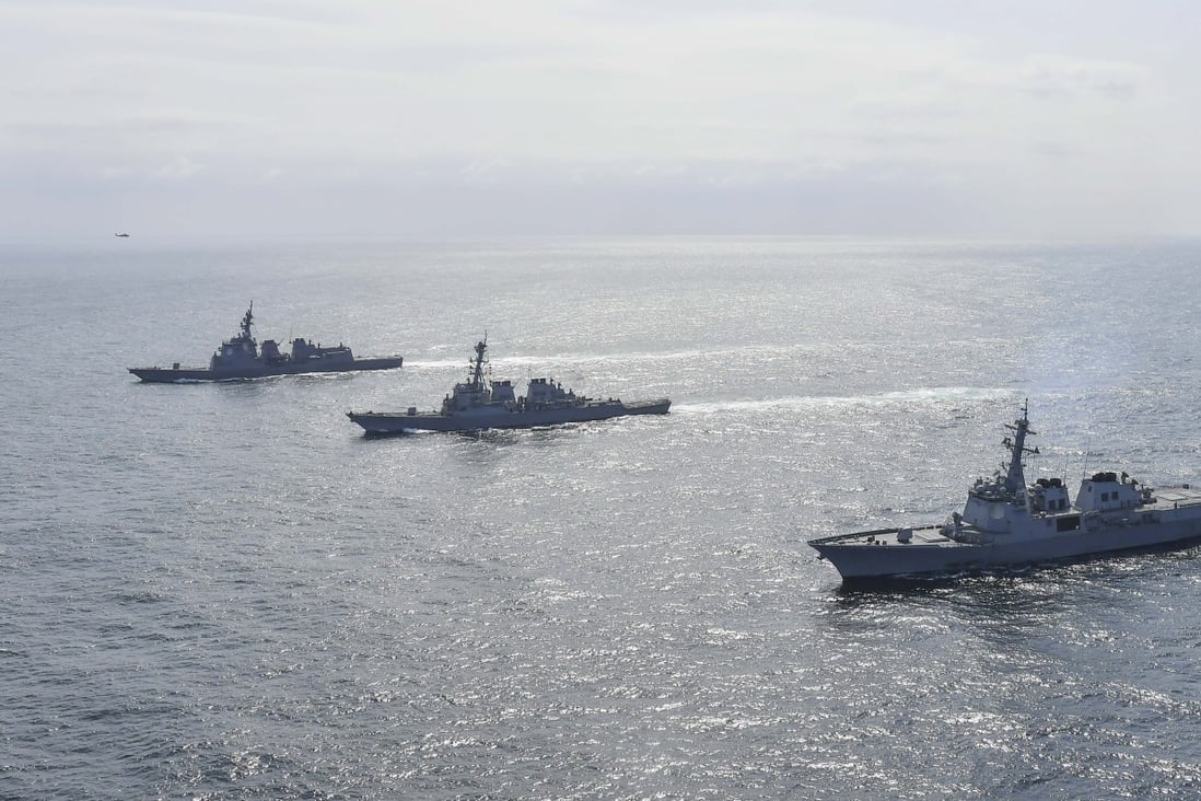 American, South Korean and Japanese warships sail in waters off South Korea’s east coast in April during a missile defence exercise. Photo: EPA-EFE