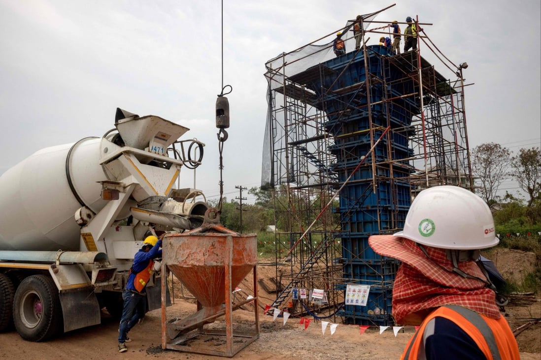 Workers construct a pillar as part of the Thai-Chinese high-speed railway project in Nakhon Ratchasima province in March. Photo: AFP