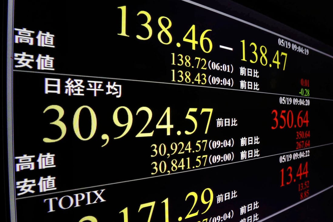 A stock monitor in Tokyo shows the Nikkei 225 topping 30,900 on the morning of May 19. The index hit a 33-year high on May 22, reaching levels not seen since the bursting of the asset-inflated bubble economy in the early 1990s. Photo: Kyodo