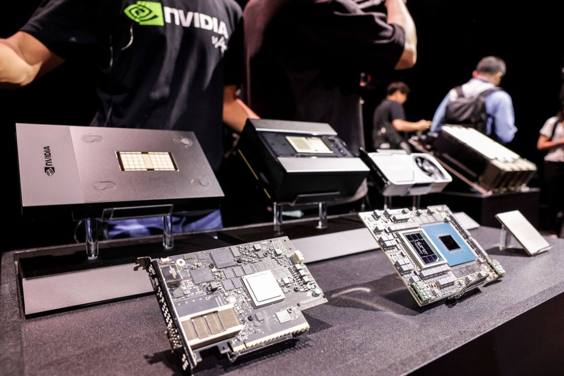 Nvidia chips on display during the Taipei Computex expo in Taipei, Taiwan, on May 29. Tech stocks are responding to the opportunities provided by the AI explosion. Photo: Bloomberg